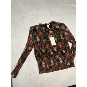 NWT Joie Black Orange Floral Print Long Sleeve Blouse Metallic Ruffle Size XL